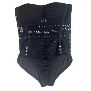 Black Crochet One Piece Swimsuit Womens 4 Strapless Padded Summer Beach Vacation